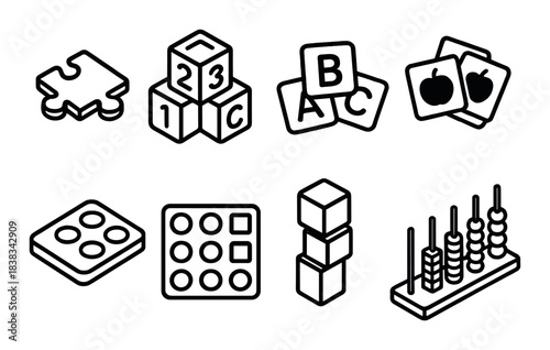 Collection of educational icons: puzzle, blocks, cards, abacus, stacking game