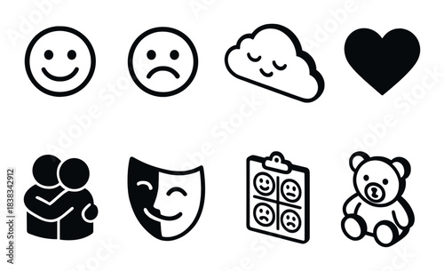 Set of eight black emotion icons including smileys and teddy bear