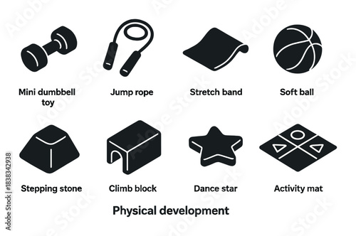Children’s physical development toys: dumbbell, jump rope, stretch band, ball, stepping stone, block, dance star, activity mat