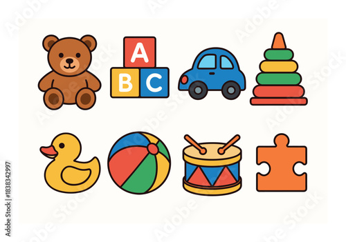 Colorful children's toys collection: teddy bear, abc blocks, car, and more