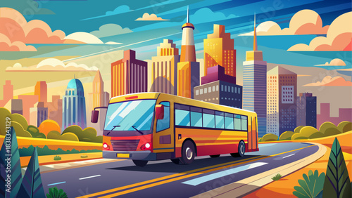 City bus driving down the road cityscape