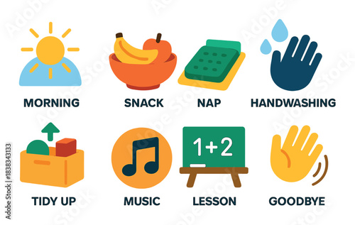 Colorful schedule icons representing daily activities with vibrant illustrations