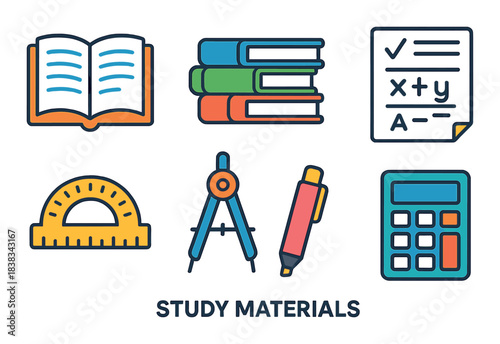 Educational tools: books, calculator, compass, protractor, pen, paper for effective study