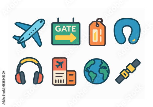 Colorful travel icons featuring airplane, boarding gate, luggage tag, neck pillow, headphones, tickets, globe, seatbelt