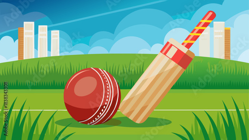Cricket ball and bat on a field cartoon