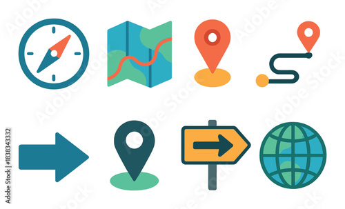 Colorful navigation and map icons with compass and globe elements