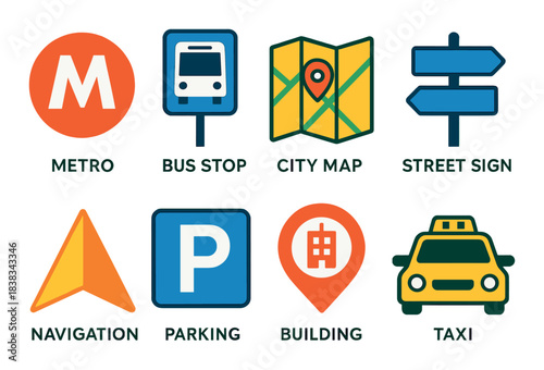Urban transportation icons: metro, bus stop, city map, street sign, navigation, parking, building, taxi