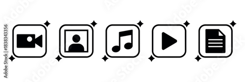 AI Icon Set: Buttons for Generate Media Files, Image, Video, Audio, and Text with Artificial Intelligence