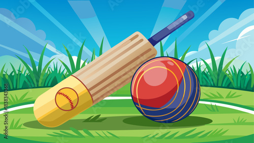 Cricket bat and ball on a grassy field