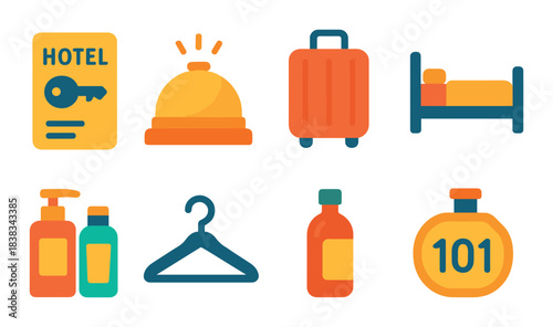 Colorful hotel icons featuring key, bell, luggage, bed, toiletries, hanger, and room 101