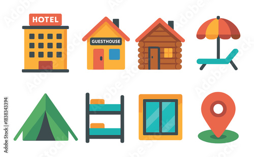 Colorful lodging icons: hotel, guesthouse, cabin, and more