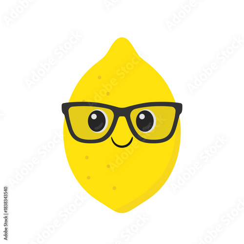 Cute lemon with glasses, cartoon character, happy smiling face, kawaii style, vector illustration.