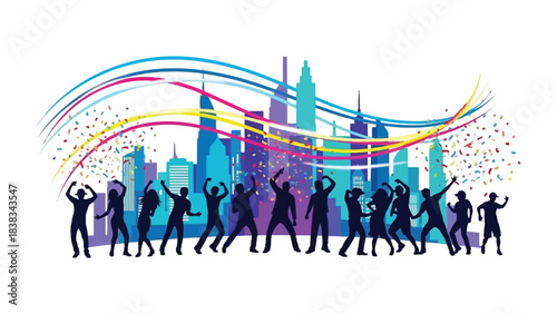 Celebration in the City: A vibrant city scene with dancing figures silhouetted against a backdrop of iconic skyscrapers, celebrating a lively event or festival.