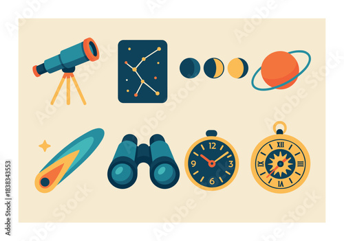 Collection of astronomy icons: telescope, constellation, phases of moon, planet, comet, binoculars, clocks