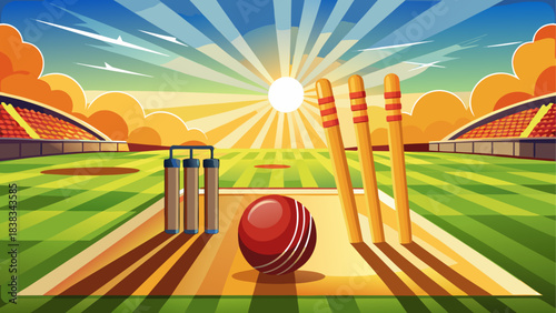 Cricket ball and wickets on stadium field