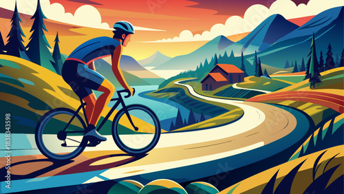 Cyclist riding through scenic landscape art