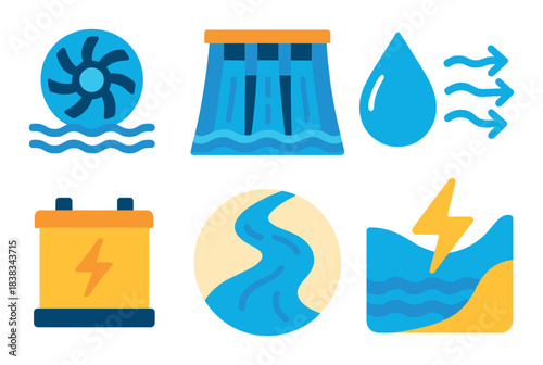 Hydropower icons: renewable energy and water conservation