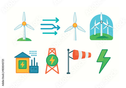 Wind energy icons collection featuring turbines, arrows, factory, and lightning symbols