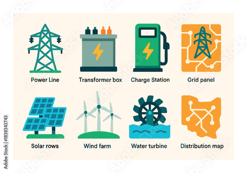 Renewable energy icons: power line, transformer, charging station, solar panels, wind turbines