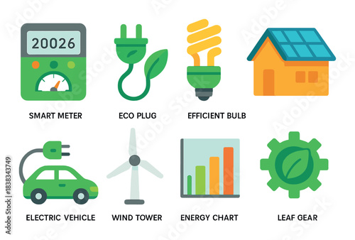 Energy efficiency icons featuring smart meter, eco plug, efficient bulb, and solar house