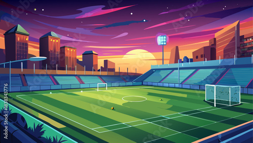 Sunset over the stadium with soccer field