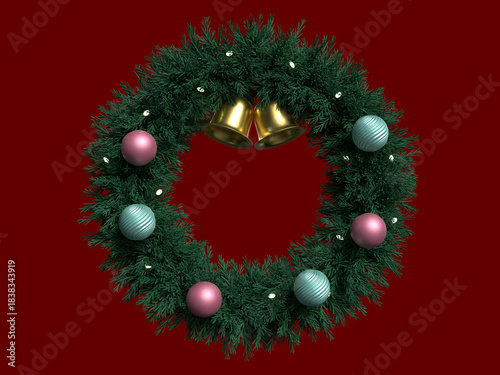 オナーメントで装飾されたクリスマスリースの3Dイラスト