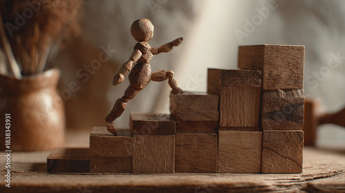 Wooden figure climbing a staircase made of blocks, symbolizing growth and ambition. The setting is intimate and evocative