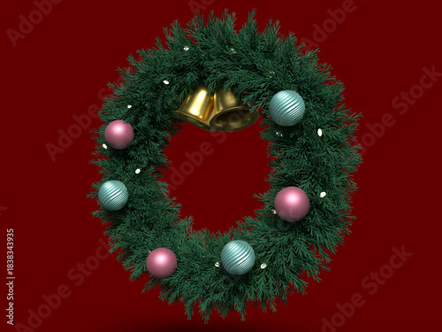 オナーメントで装飾されたクリスマスリースの3Dイラスト
