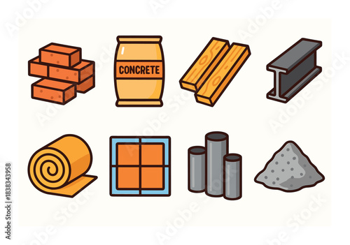 Construction materials icons: bricks, concrete, wood, steel, insulation, tiles, pipes, gravel