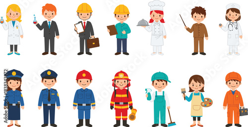 A diverse collection of cheerful people characters in various flat cartoon professional occupations, including a doctor, scientist, construction worker, firefighter, police officer, and chef