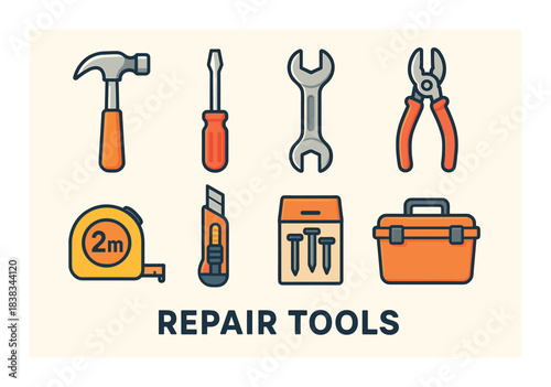 Colorful collection of essential repair tools