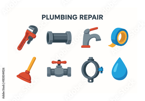 Plumbing repair tools set: wrench, tape, pipe, valve, faucet, plunger, gasket, drop icon