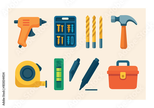 Colorful set of tools including drill bits, hammer, tape measure, and toolbox