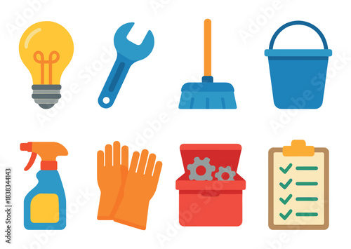 Colorful cleaning and maintenance tools illuminated on gradient background