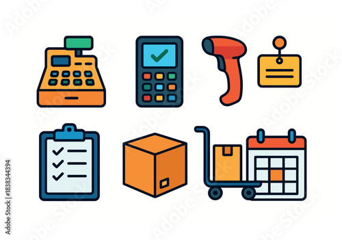 Retail icons: cash register, barcode scanner, clipboard, box, calendar