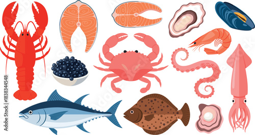 A diverse flat design vector collection of fresh seafood and ocean fish, including lobster, salmon, crab, tuna, shrimp, squid, oyster, and mussel for market and menu design
