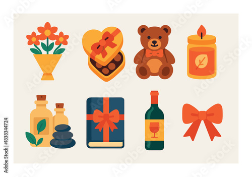 Colorful autumn gift icons: flowers, chocolates, teddy, candle, oils, book, wine, bow