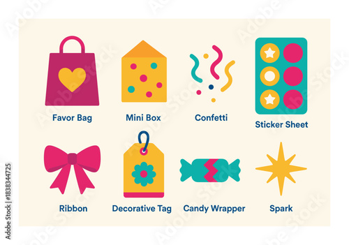 Colorful party favor designs: bag, box, confetti, sticker, ribbon, tag, wrapper, spark