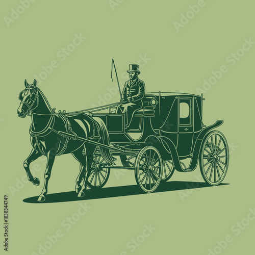 Elegantly rendered vintage horse-drawn carriage conveying a suited gentleman with top hat in