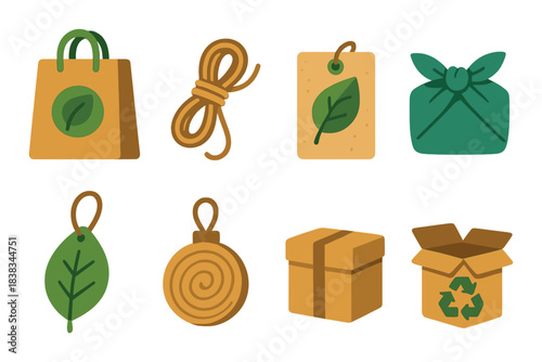 Eco-friendly packaging icons with leaves and recycle symbols
