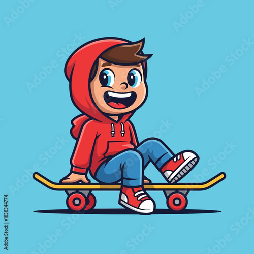 Cartoon depiction of a cheerful boy enjoying skateboarding with a cool red hooded sweatshirt
