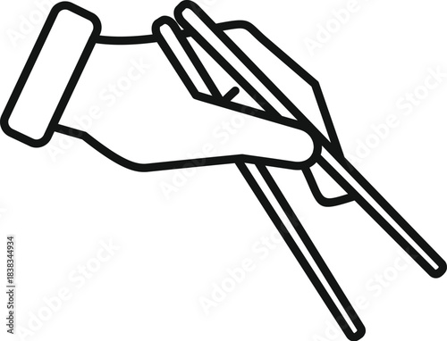 Hand holding two chopsticks, picking up or serving asian cuisine, line art icon