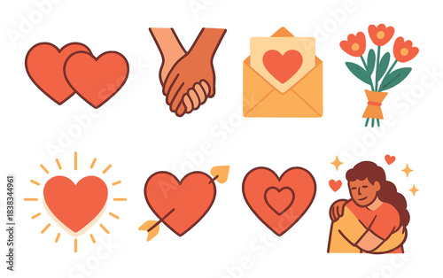 Romantic symbols and emojis of love and affection depicting hearts and togetherness