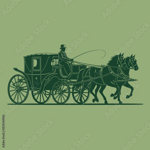 Elegantly rendered vintage horse-drawn carriage graphic in monochrome aesthetic design