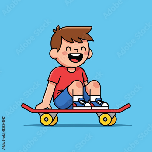 Joyful cartoon boy rides skateboard with carefree expression, a happy illustration for children
