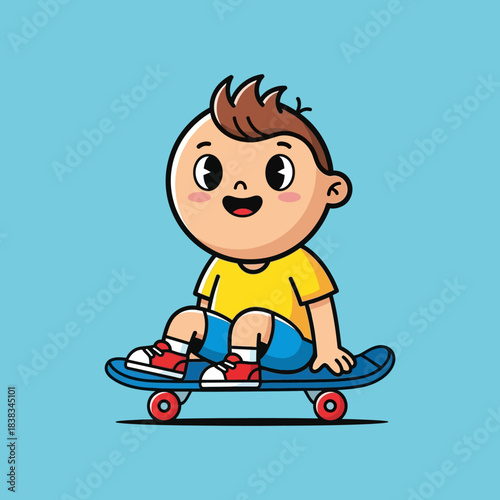 Adorable cartoon boy enjoys skateboarding fun in a vibrant illustration style