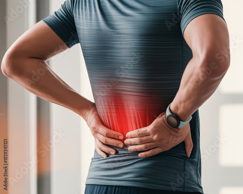 Man with back pain touching lower back area, muscle strain concept