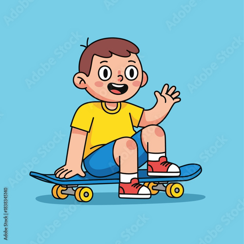 Cartoon Boy Enjoying Skateboard Ride on a Bright Blue Backdrop Illustration Art