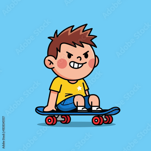 Cartoon illustration of a grinning boy joyfully riding a skateboard on a light blue backdrop