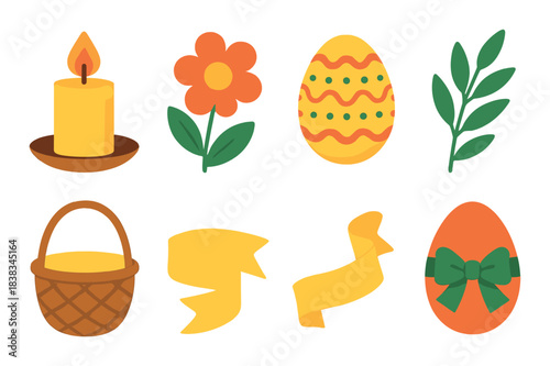 Colorful easter symbols: candle, flower, eggs, leaf, basket, ribbon
